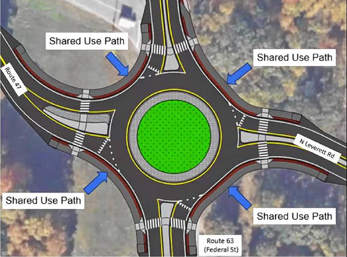 A concept drawing of what a roundabout could look like at the intersection where Route 63 meets Route 47 and North Leverett Road in Montague. A concept drawing of what a roundabout could look like at the intersection where Route 63 meets Route 47 and North Leverett Road in Montague.