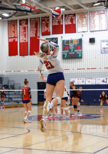 Frontier’s Olivia Machon (21) serves against South Hadley earlier this season at Goodnow Gymnasium in South Deerfield. Frontier’s Olivia Machon (21) serves against South Hadley earlier this season at Goodnow Gymnasium in South Deerfield.
