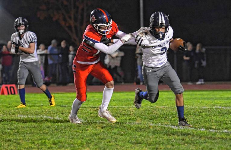 Frontier’s Carter Robinson chases down Franklin Tech’s Nolyn Stafford in South Deerfield earlier this season. Frontier’s Carter Robinson chases down Franklin Tech’s Nolyn Stafford in South Deerfield earlier this season.