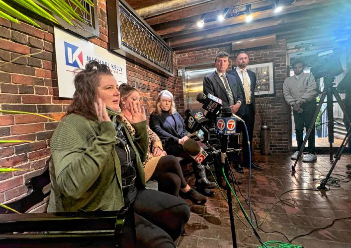 From left, plaintiffs Danyelle Bushee, Brittany Bushee and Melissa Chiasson join attorneys John McCarthy and Michael Kelly during a press conference in Boston on Tuesday morning to discuss their lawsuit after a neighbor’s tree struck them in August, causing serious injuries. From left, plaintiffs Danyelle Bushee, Brittany Bushee and Melissa Chiasson join attorneys John McCarthy and Michael Kelly during a press conference in Boston on Tuesday morning to discuss their lawsuit after a neighbor’s tree struck them in August, causing serious injuries.