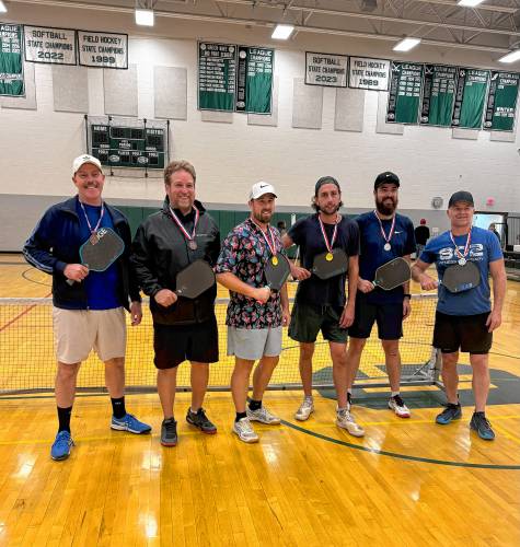 Jonathan MacLeod and Nathan Barber-Smith (center) after winning the Competitive Division championship in the Greater Greenfield Pickleball Tournament at Greenfield High School Sunday. Jonathan MacLeod and Nathan Barber-Smith (center) after winning the Competitive Division championship in the Greater Greenfield Pickleball Tournament at Greenfield High School Sunday.