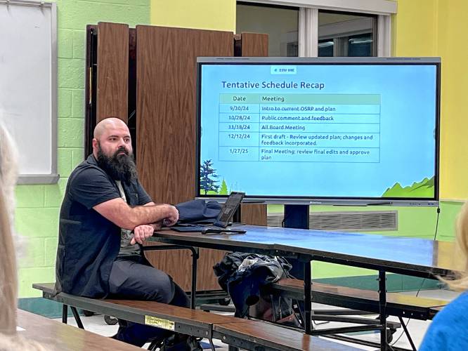 Selectboard Chair Valentine Reid presents the hopeful timeline for updating Charlemont’s Open Space and Recreation Plan during a meeting of all town boards and committees at Hawlemont Regional School on Monday. Selectboard Chair Valentine Reid presents the hopeful timeline for updating Charlemont’s Open Space and Recreation Plan during a meeting of all town boards and committees at Hawlemont Regional School on Monday.