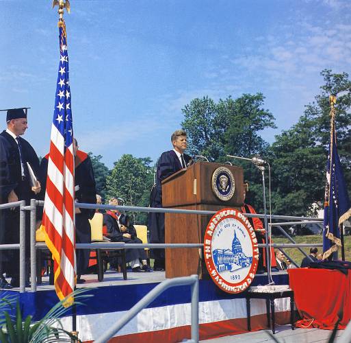 President John F. Kennedy delivers the commencement address at American University on June 10, 1963.