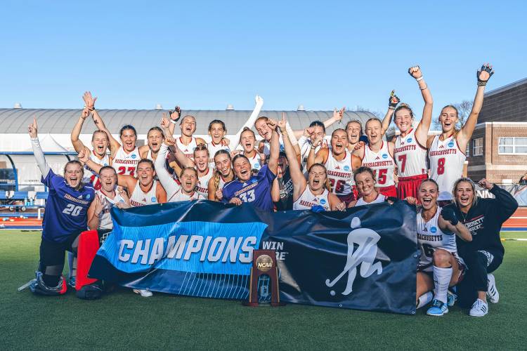 The UMass field hockey team celebrates after beating Harvard to advance to the NCAA Division 1 Final Four last weekend in Storrs, Conn.