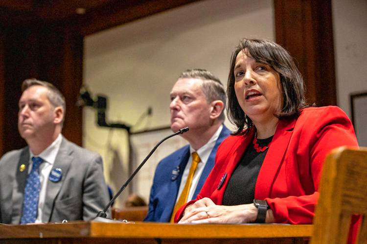 Lt. Gov. Kim Driscoll (right) testifies before the Joint Committee on Bonding about the administration’s housing bill in April, accompanied by Administration and Finance Secretary Matthew Gorzkowicz (left) and Housing Secretary Edward Augustus (center).