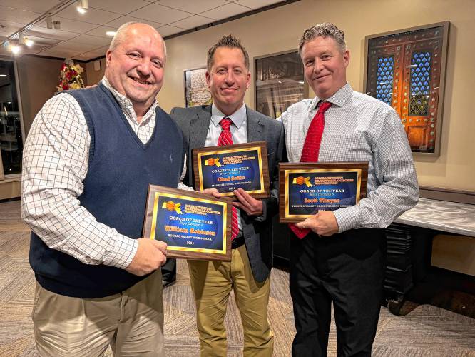 From left to right: Hoosac Valley coach Bill Robinson, Mahar coach Chad Softic and Pioneer coach Scott Thayer after being presented Massachusetts Basketball Coaches Association's Coach of the Year awards on Sunday at Holy Cross in Worcester. From left to right: Hoosac Valley coach Bill Robinson, Mahar coach Chad Softic and Pioneer coach Scott Thayer after being presented Massachusetts Basketball Coaches Association's Coach of the Year awards on Sunday at Holy Cross in Worcester.