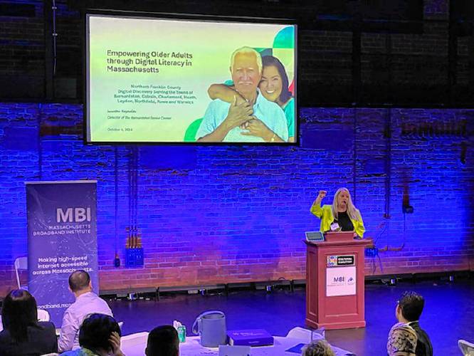 Bernardston Senior Center Director Jennifer Reynolds presents at the Massachusetts Broadband Institute’s awards event, held during National Digital Inclusion Week in October. Bernardston Senior Center Director Jennifer Reynolds presents at the Massachusetts Broadband Institute’s awards event, held during National Digital Inclusion Week in October.