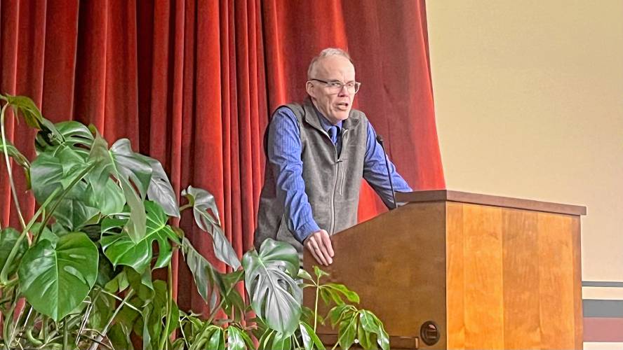 Longtime climate activist Bill McKibben speaks to a packed audience at the University of Massachusetts Amherst’s Old Chapel on Monday about the realities of the climate crisis. Longtime climate activist Bill McKibben speaks to a packed audience at the University of Massachusetts Amherst’s Old Chapel on Monday about the realities of the climate crisis.