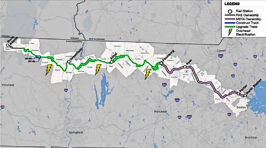 A Massachusetts Department of Transportation rendering of the potential Northern Tier rail route from North Adams to Boston with electrified service, as laid out in the study’s “Alternative 3.” A Massachusetts Department of Transportation rendering of the potential Northern Tier rail route from North Adams to Boston with electrified service, as laid out in the study’s “Alternative 3.”