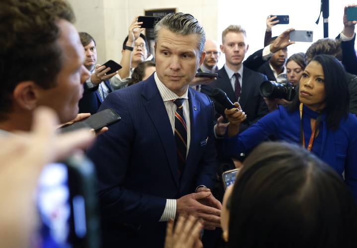Secretary of defense nominee Pete Hegseth leaves the Russell Senate Office Building in Washington on Nov. 21. Secretary of defense nominee Pete Hegseth leaves the Russell Senate Office Building in Washington on Nov. 21.