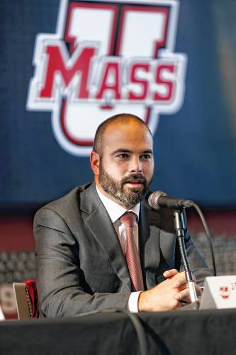 Joe Harasymiak speaks as the new UMass head football coach Friday during a press conference at the Martin Jacobson Football Performance Center in Amherst.