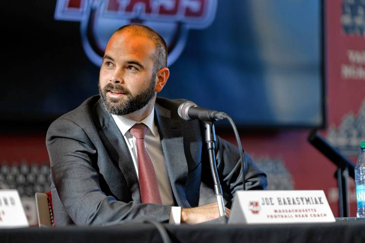 Joe Harasymiak speaks as the new UMass head football coach Friday during a press conference at the Martin Jacobson Football Performance Center in Amherst.