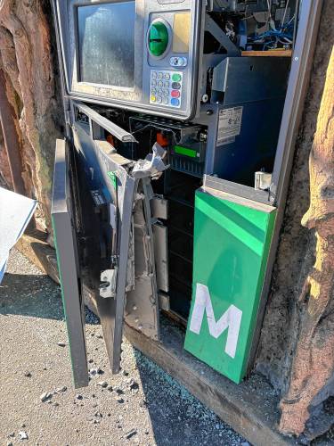 The “ATM Tree” at the Big Y plaza in Greenfield was found damaged after it was robbed early Friday morning.