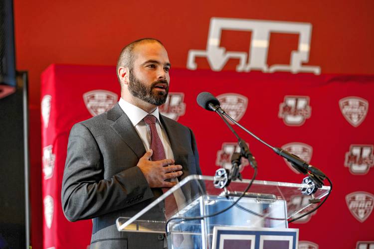 Joe Harasymiak speaks as the new UMass head football coach Friday during a press conference at the Martin Jacobson Football Performance Center in Amherst. Joe Harasymiak speaks as the new UMass head football coach Friday during a press conference at the Martin Jacobson Football Performance Center in Amherst.
